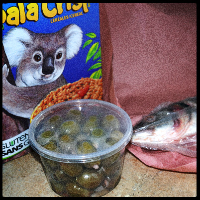 Ingredients: Koala Crisp (organic, sweetened, with cocoa), garlic stuffed olives, whole Chilean Sea Bass!